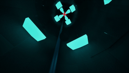 Gravity gameplay: riding a gravity field up a dark shaft past glowing cyan emitters