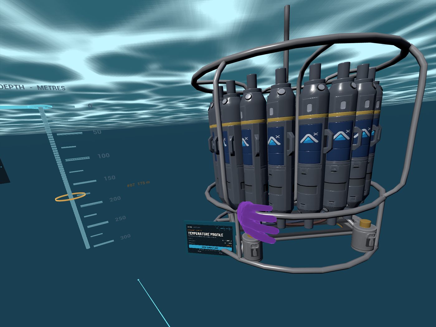 Full-scale CTD rosette with a depth scale and an instruction panel, captured in the headset