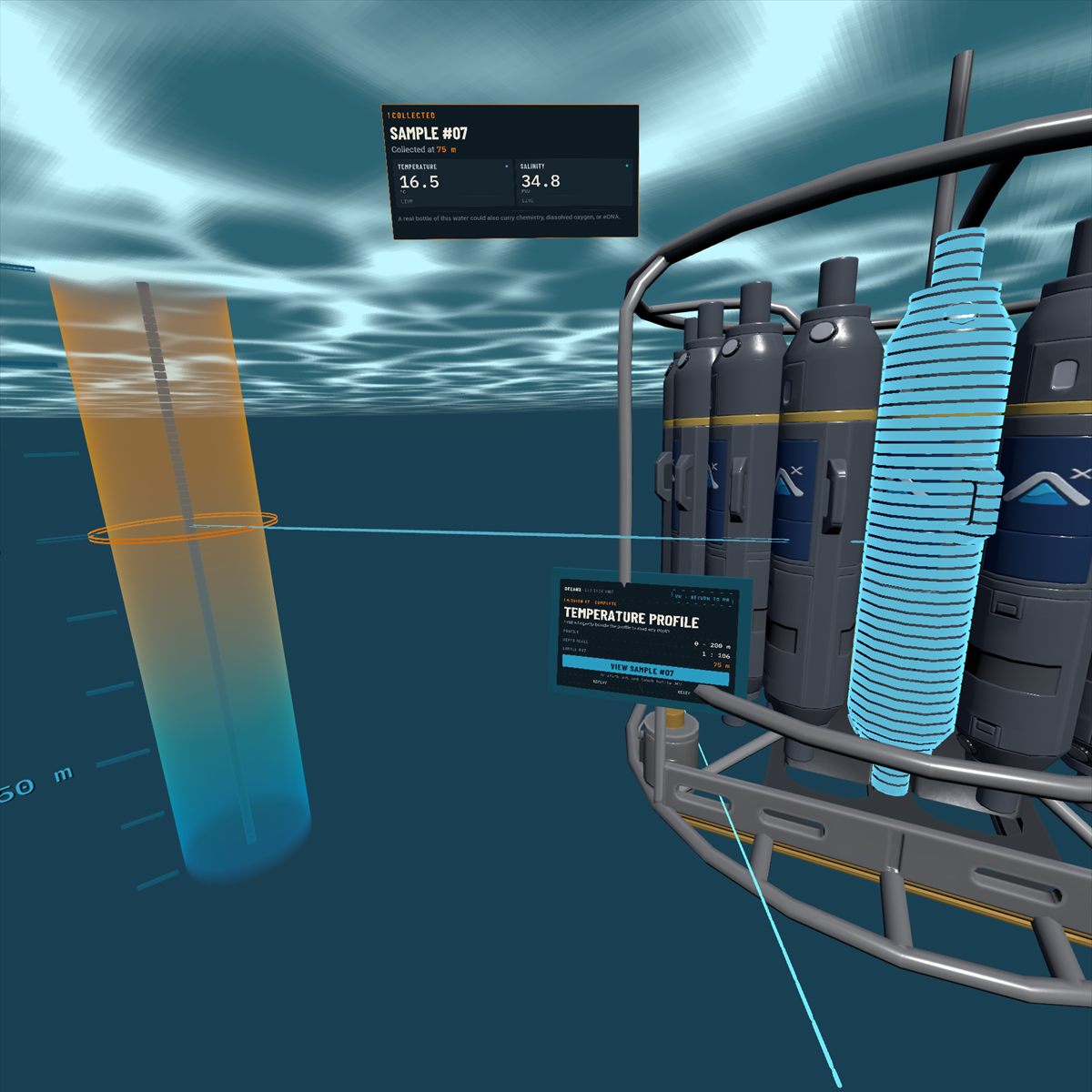 OceanX prototype in a Meta Quest headset: a CTD rosette beside a temperature profile and the readout for sample bottle #07